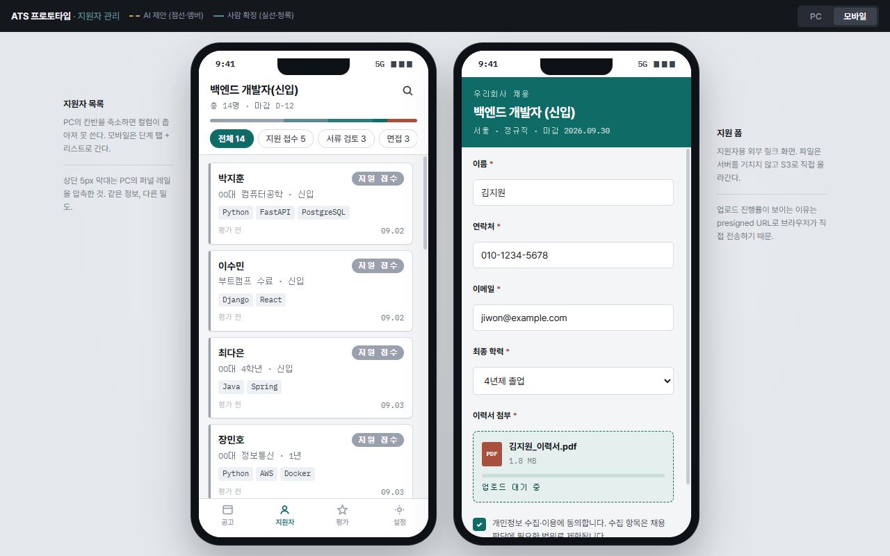 모바일 (동작 프로토타입) — 단계 탭 + 리스트 뷰, 공개 지원 폼(S3 직접 업로드 진행률)